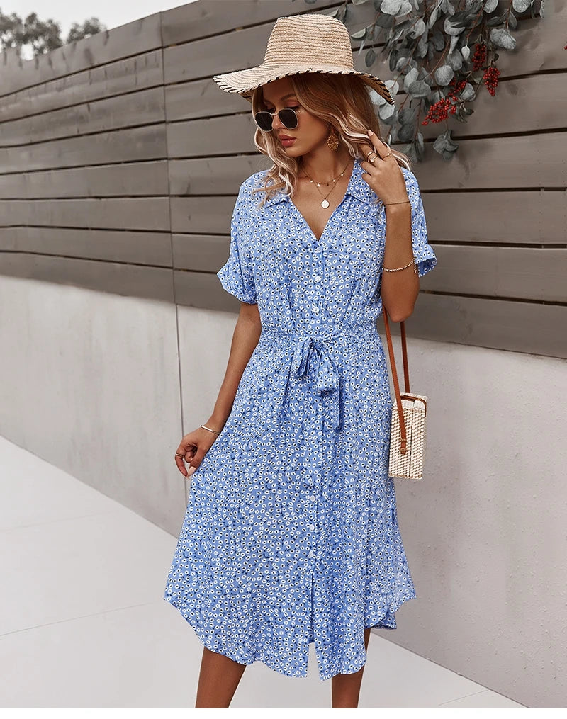 Women's Short Sleeve Button V-Neck Beach Boho Midi Dress