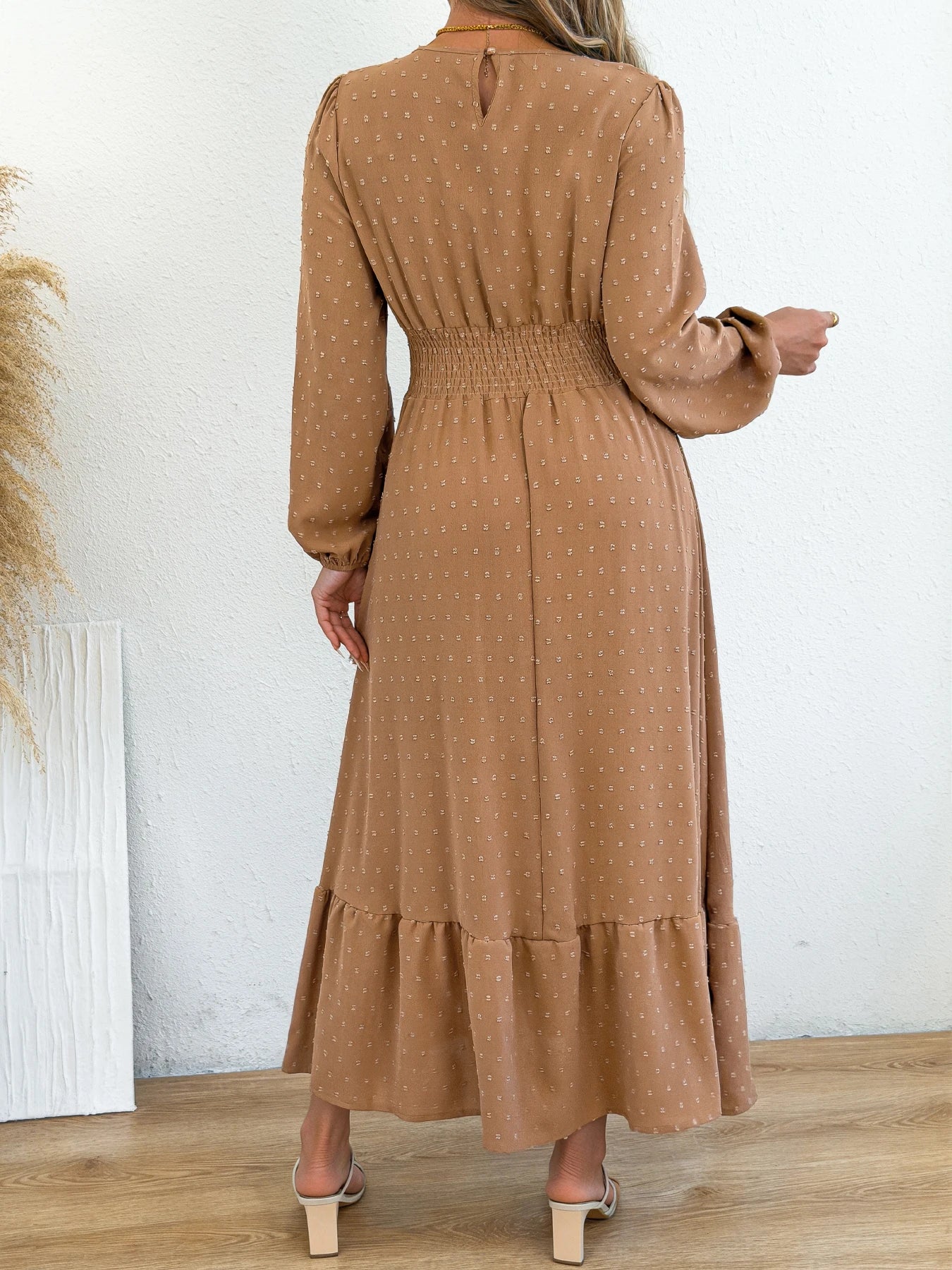 Women's Elegant Lantern Ruffled Plain Elastic Waist Maxi Dress