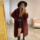 Women's Oversized Lapel Belted Faux Rabbit Fur Coat