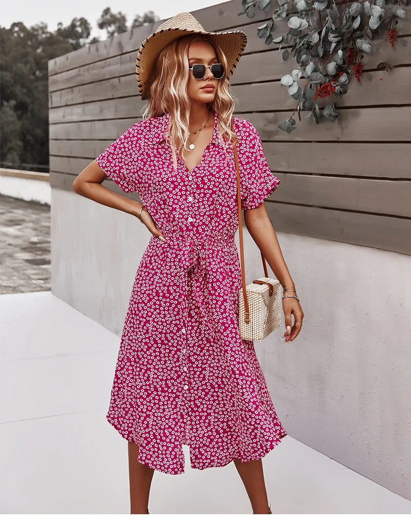 Women's Short Sleeve Button V-Neck Beach Boho Midi Dress