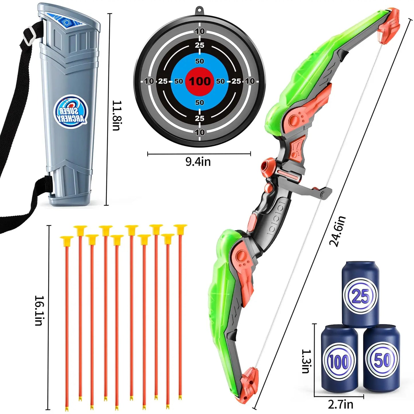 Kids LED Light Up Archery Bow 10 Suction Cup Arrows Set Toy