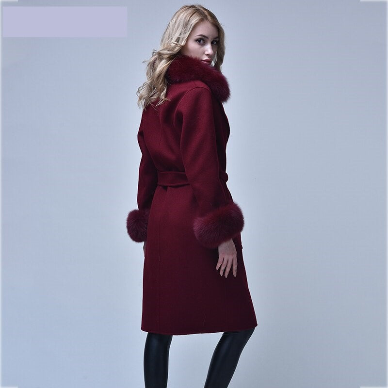 Women Cashmere Woolen Real Fox Fur Collar Coat Allmartdeal