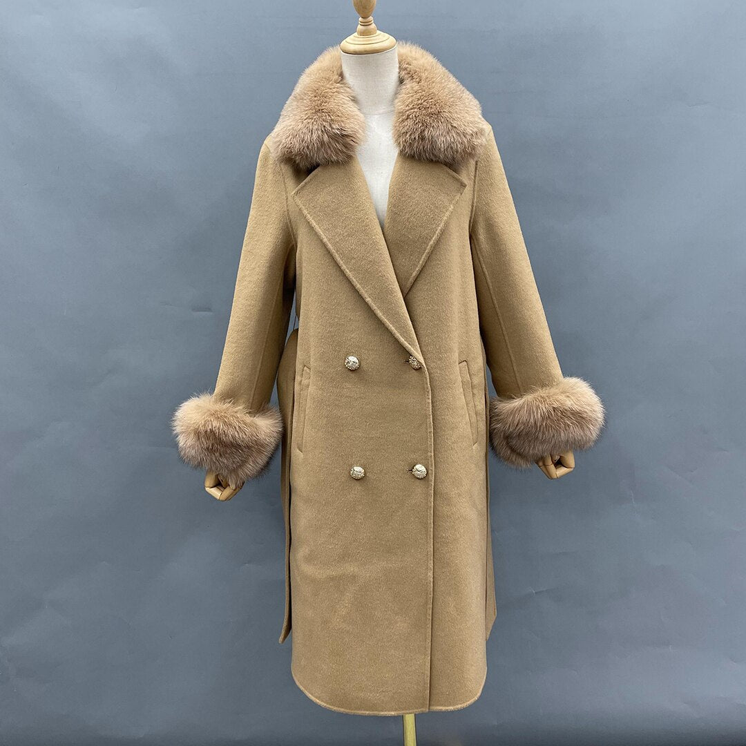 Women Cashmere Woolen Real Fox Fur Collar Coat Allmartdeal