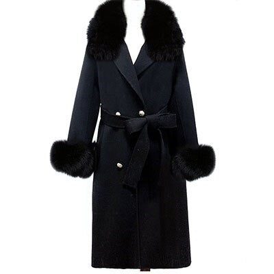 Women Cashmere Woolen Real Fox Fur Collar Coat Allmartdeal