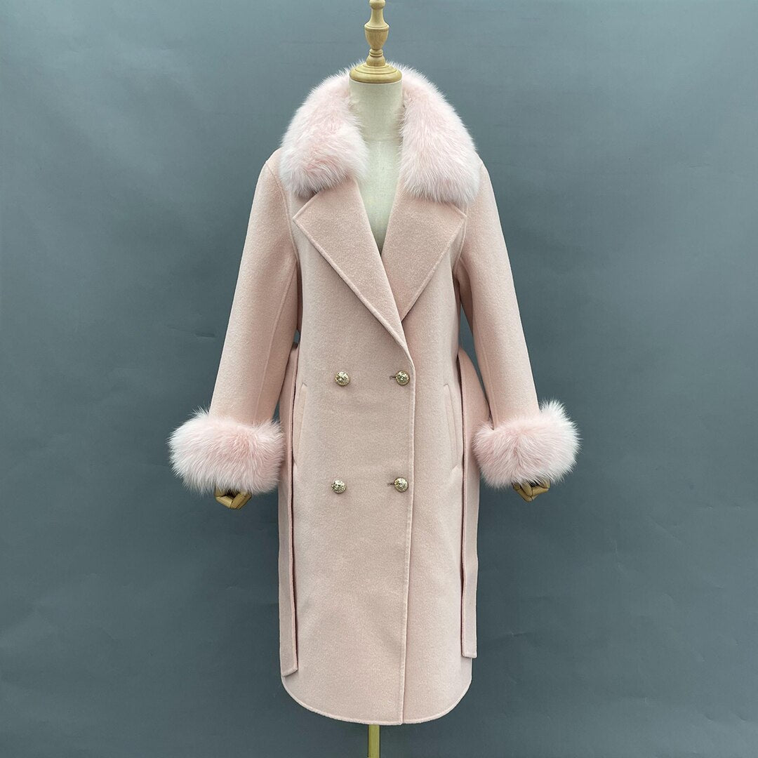 Women Cashmere Woolen Real Fox Fur Collar Coat Allmartdeal