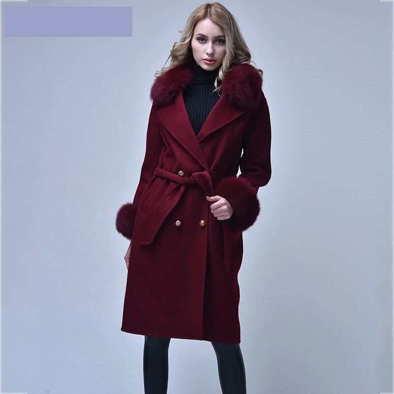 Women Cashmere Woolen Real Fox Fur Collar Coat Allmartdeal