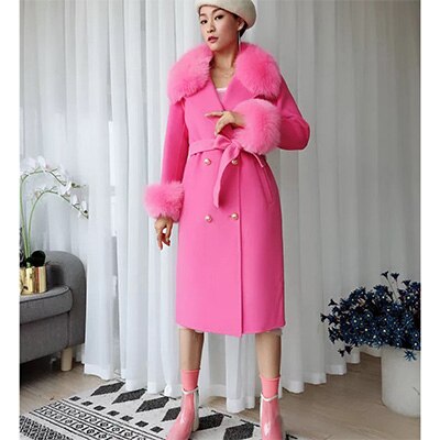 Women Cashmere Woolen Real Fox Fur Collar Coat Allmartdeal