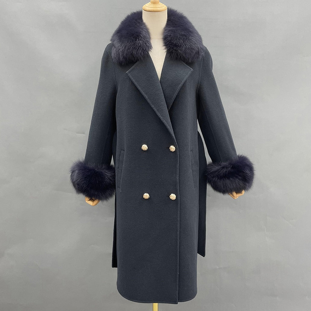 Women Cashmere Woolen Real Fox Fur Collar Coat Allmartdeal