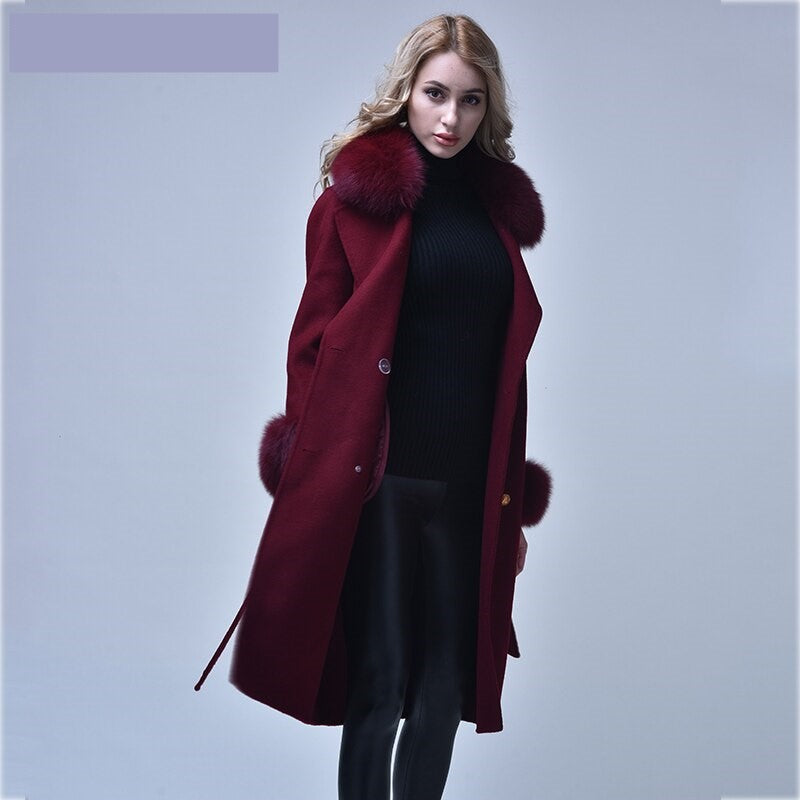 Women Cashmere Woolen Real Fox Fur Collar Coat Allmartdeal