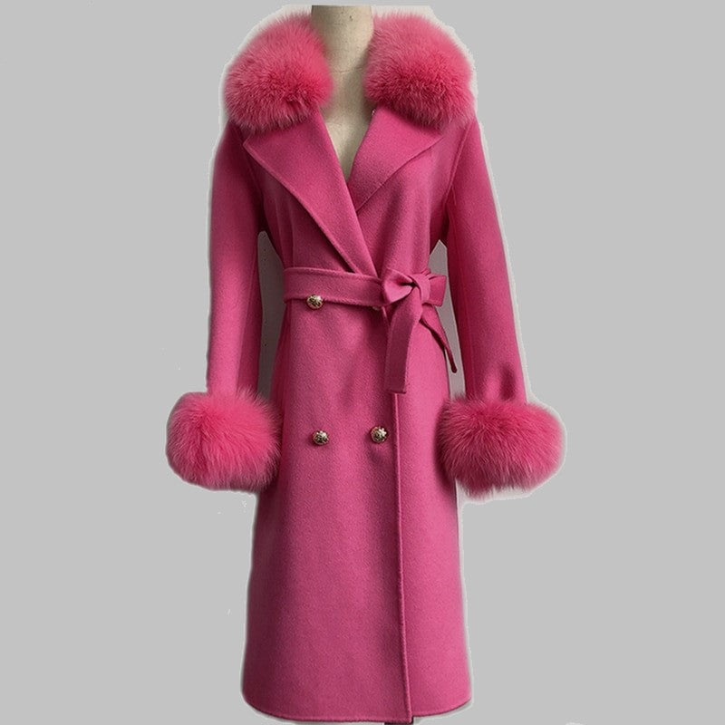 Women Cashmere Woolen Real Fox Fur Collar Coat Allmartdeal