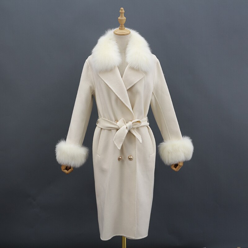 Women Cashmere Woolen Real Fox Fur Collar Coat Allmartdeal