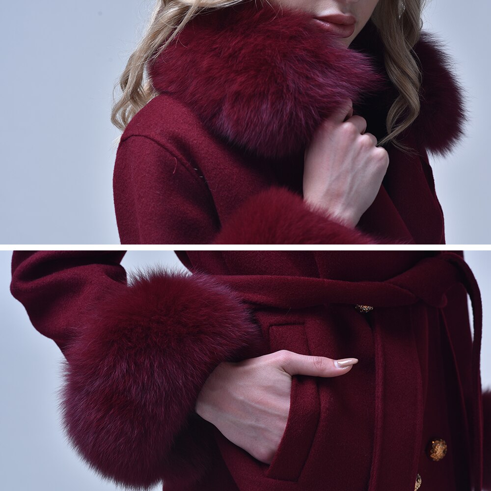 Women Cashmere Woolen Real Fox Fur Collar Coat Allmartdeal