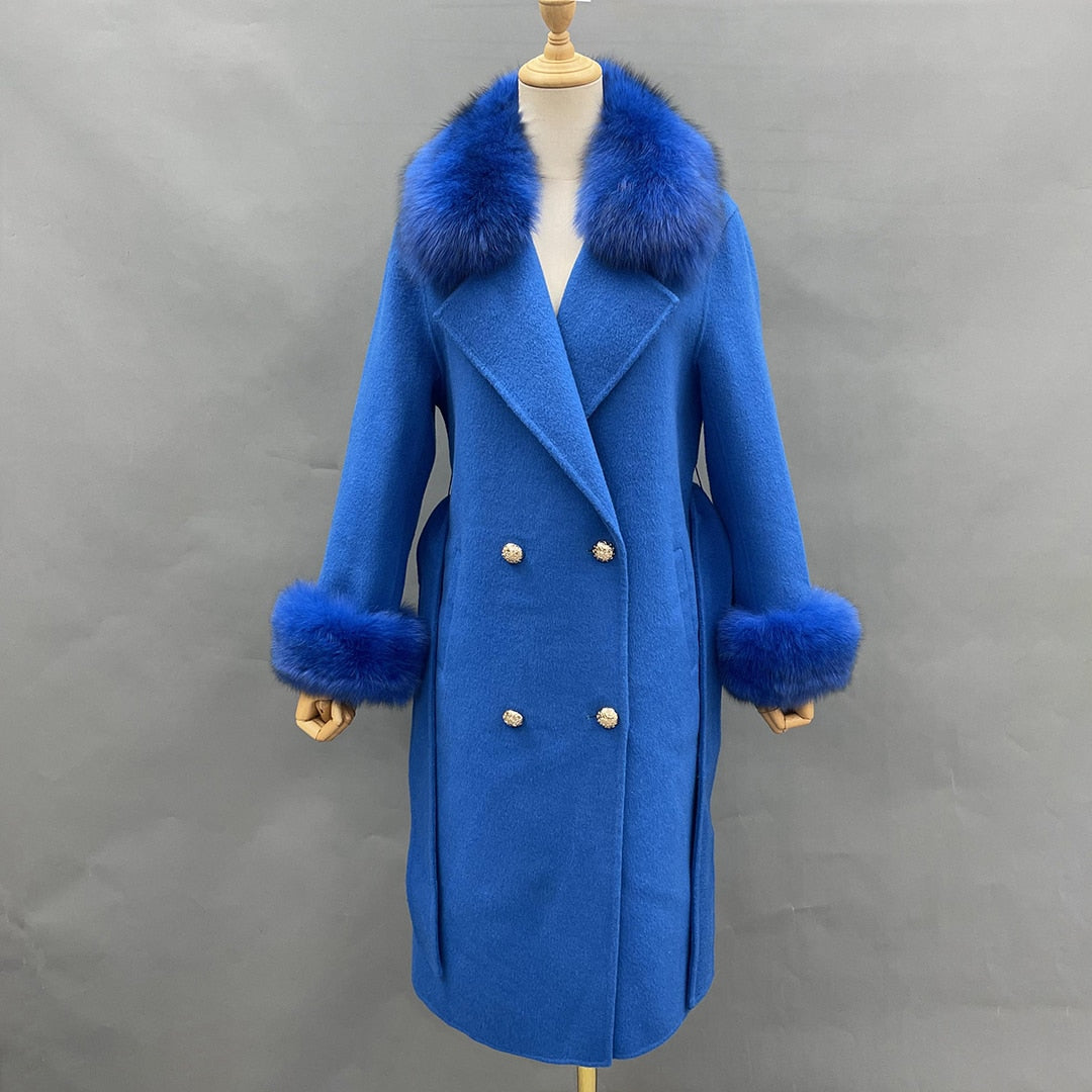 Women Cashmere Woolen Real Fox Fur Collar Coat Allmartdeal