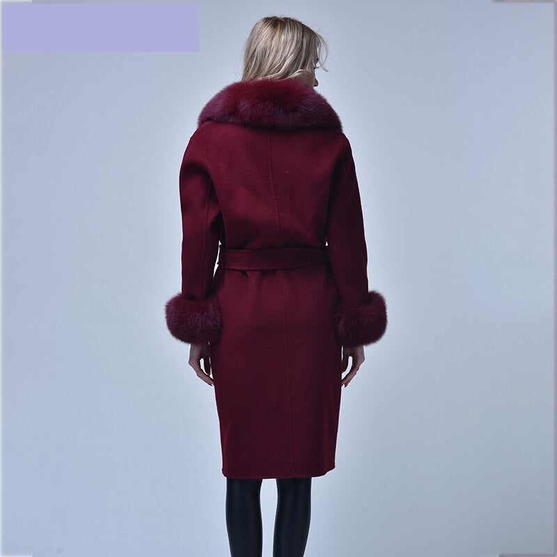 Women Cashmere Woolen Real Fox Fur Collar Coat Allmartdeal