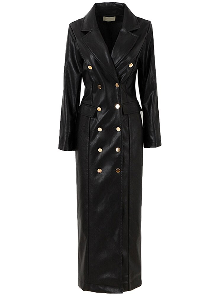 Women Double Breasted Faux Leather Trench Coat Allmartdeal