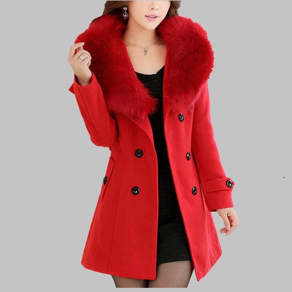 Women Fashion Fur Collar Double-Breasted Coat Allmartdeal