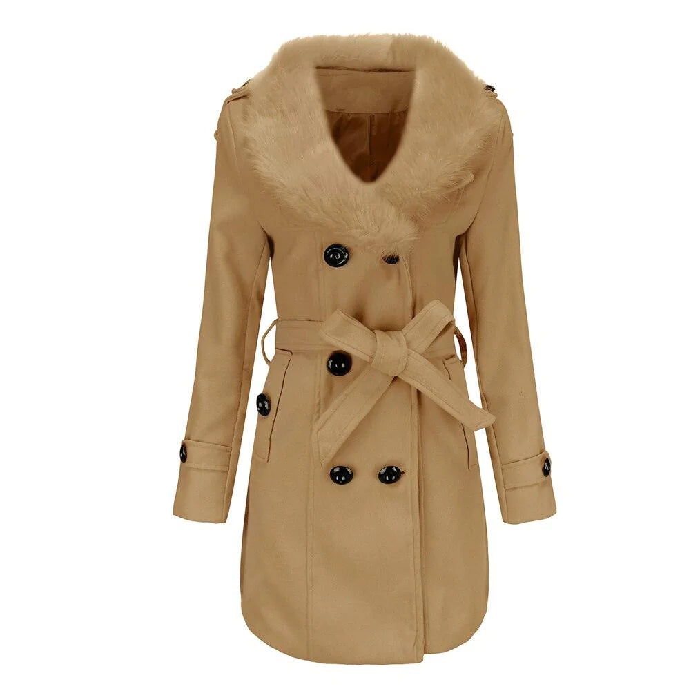 Women Fashion Fur Collar Double-Breasted Coat Allmartdeal