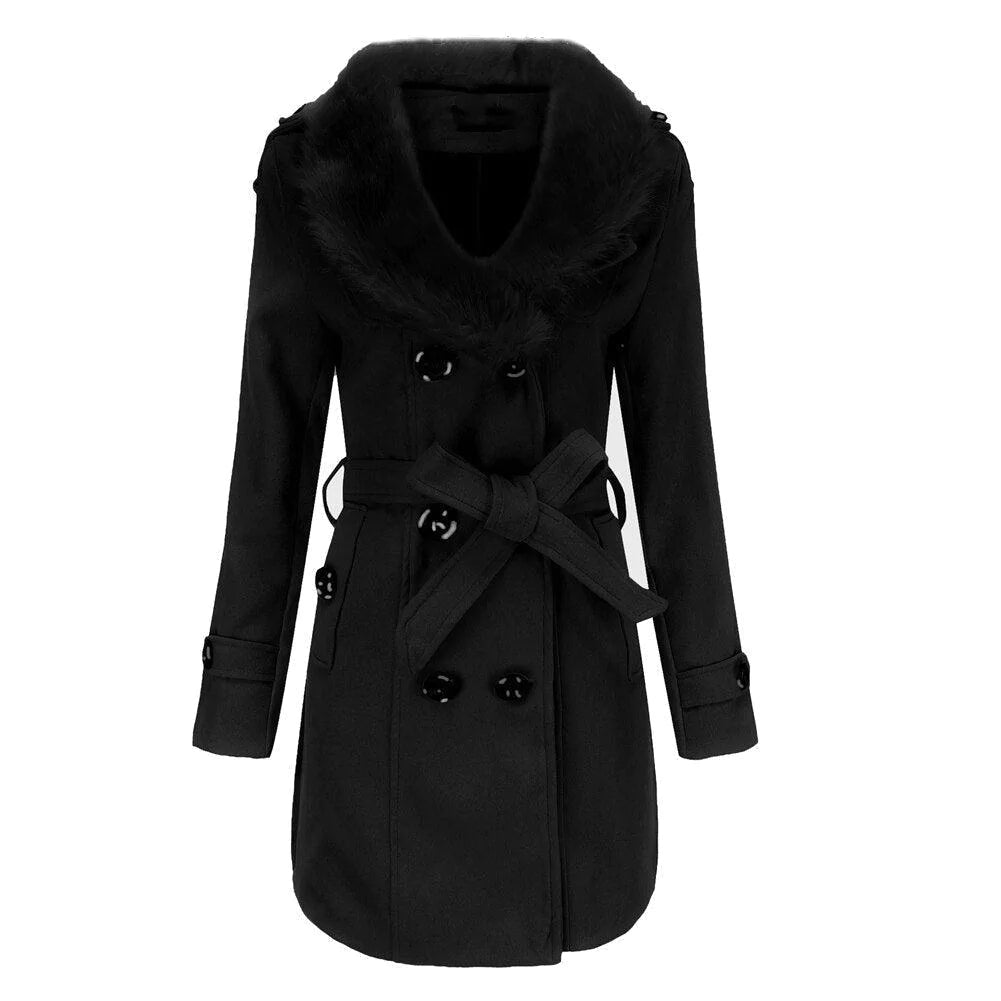 Women Fashion Fur Collar Double-Breasted Coat Allmartdeal