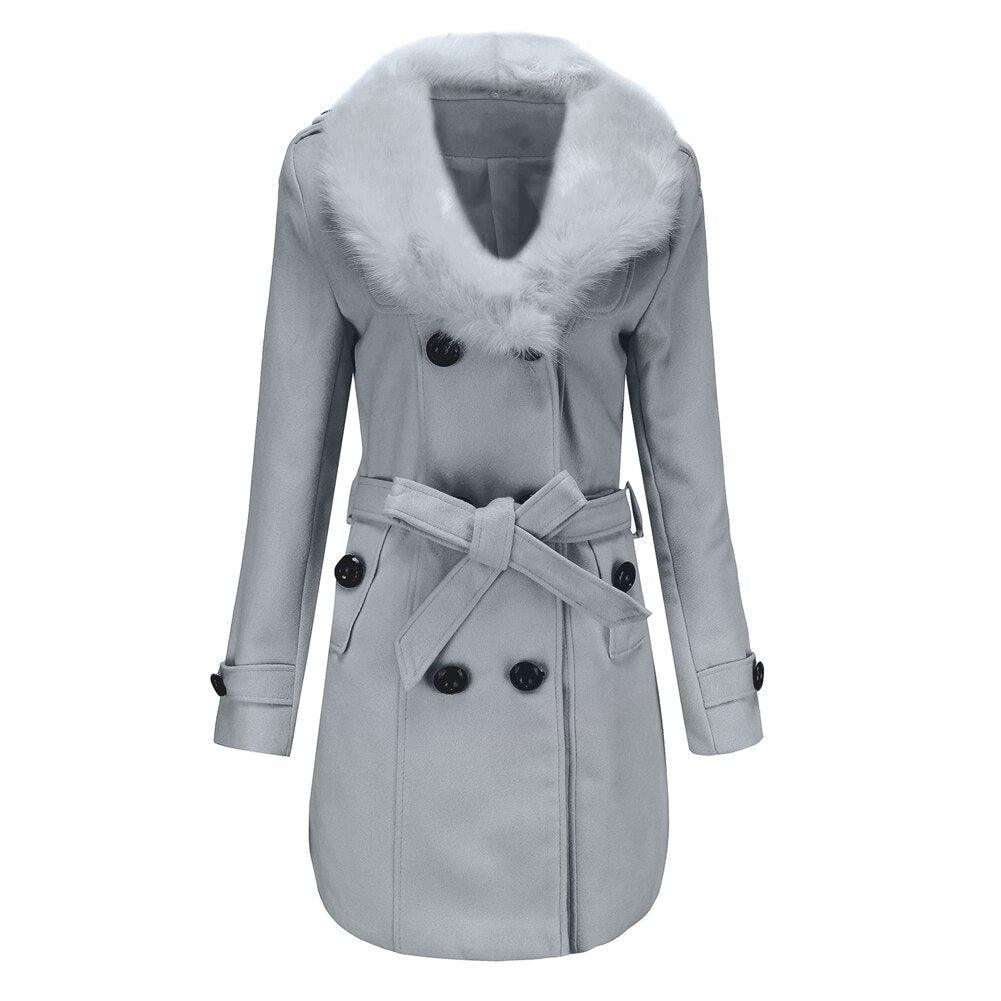 Women Fashion Fur Collar Double-Breasted Coat Allmartdeal