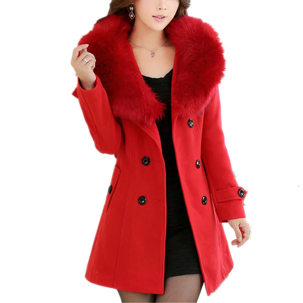 Women Fashion Fur Collar Double-Breasted Coat Allmartdeal