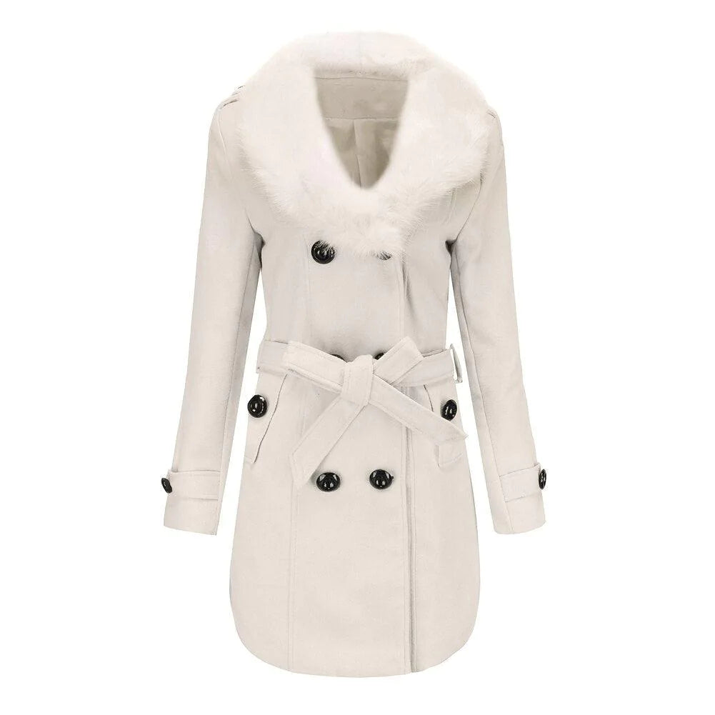 Women Fashion Fur Collar Double-Breasted Coat Allmartdeal