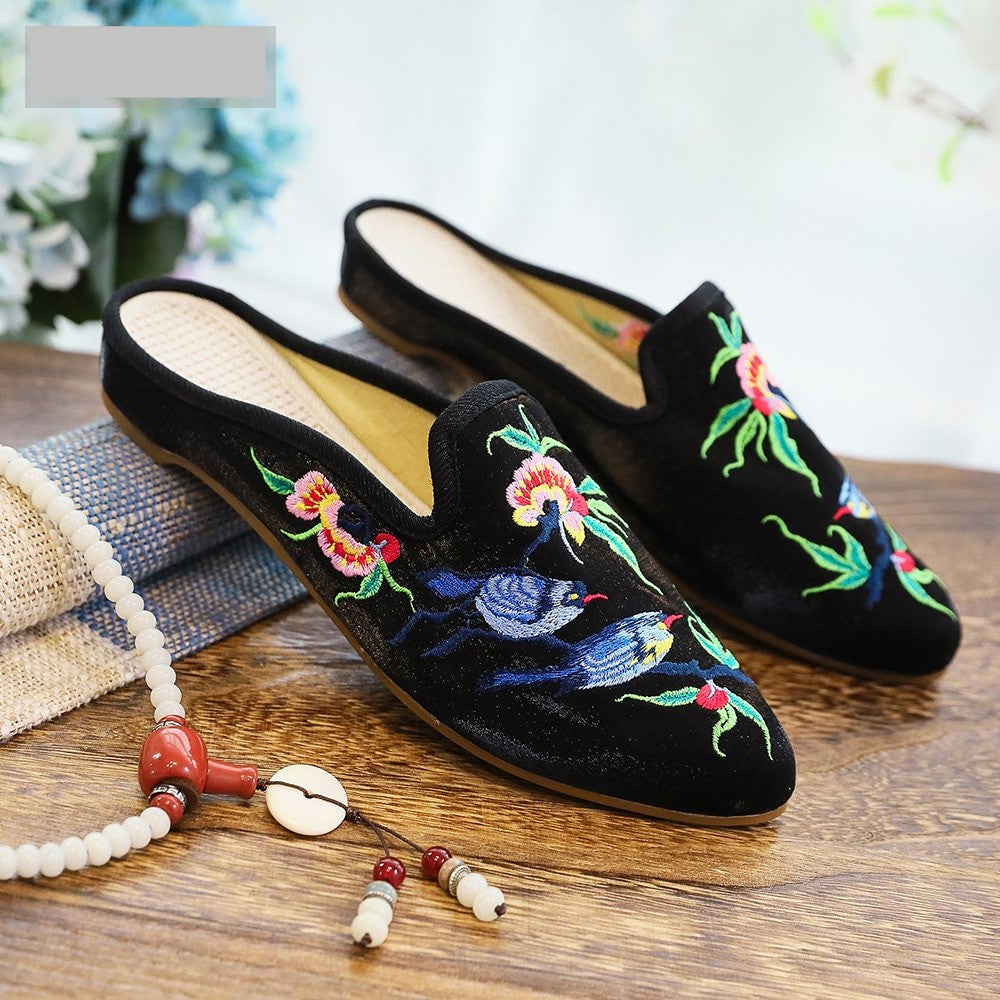 Women Flock Cotton Fabric Embroidered Mules Slippers Allmartdeal