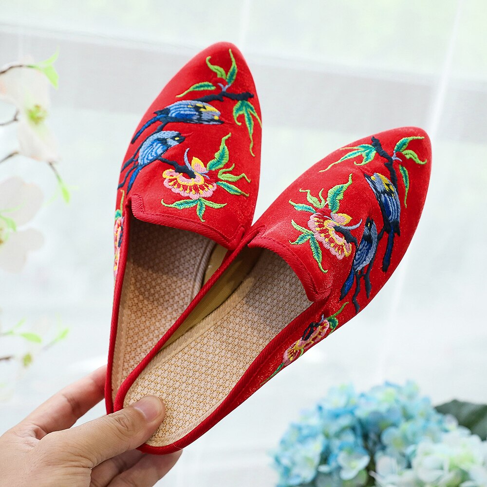 Women Flock Cotton Fabric Embroidered Mules Slippers Allmartdeal