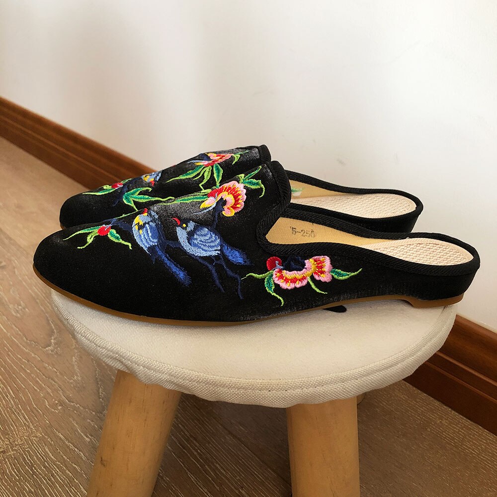 Women Flock Cotton Fabric Embroidered Mules Slippers Allmartdeal