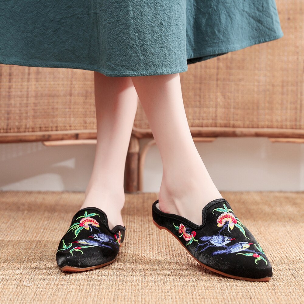 Women Flock Cotton Fabric Embroidered Mules Slippers Allmartdeal