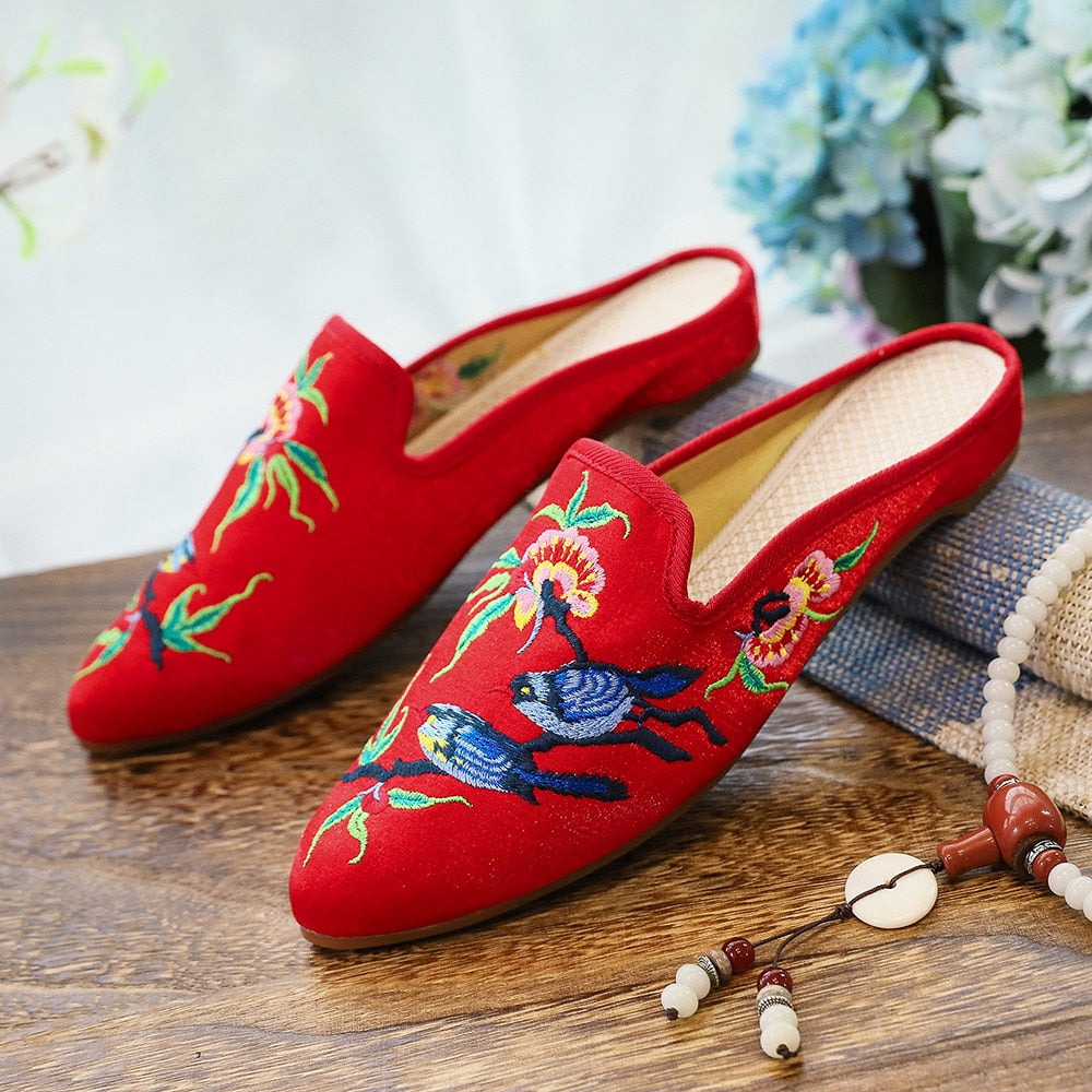 Women Flock Cotton Fabric Embroidered Mules Slippers Allmartdeal