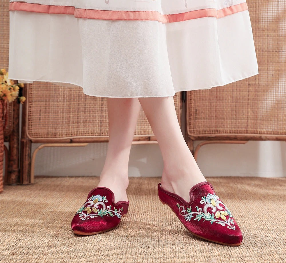 Women Flower Embroidered Velvet Mules Slippers Allmartdeal