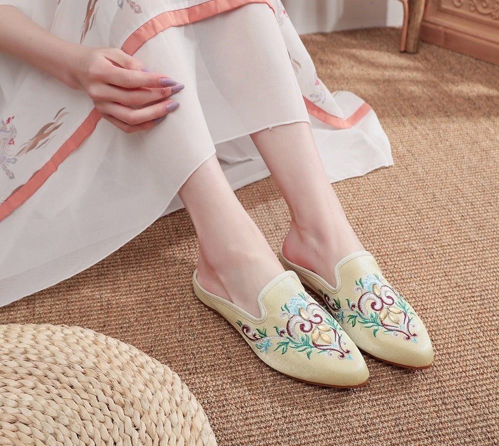 Women Flower Embroidered Velvet Mules Slippers Allmartdeal