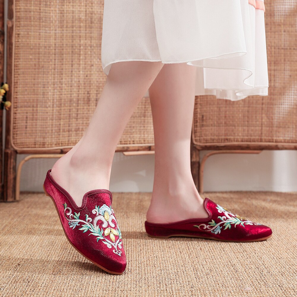 Women Flower Embroidered Velvet Mules Slippers Allmartdeal