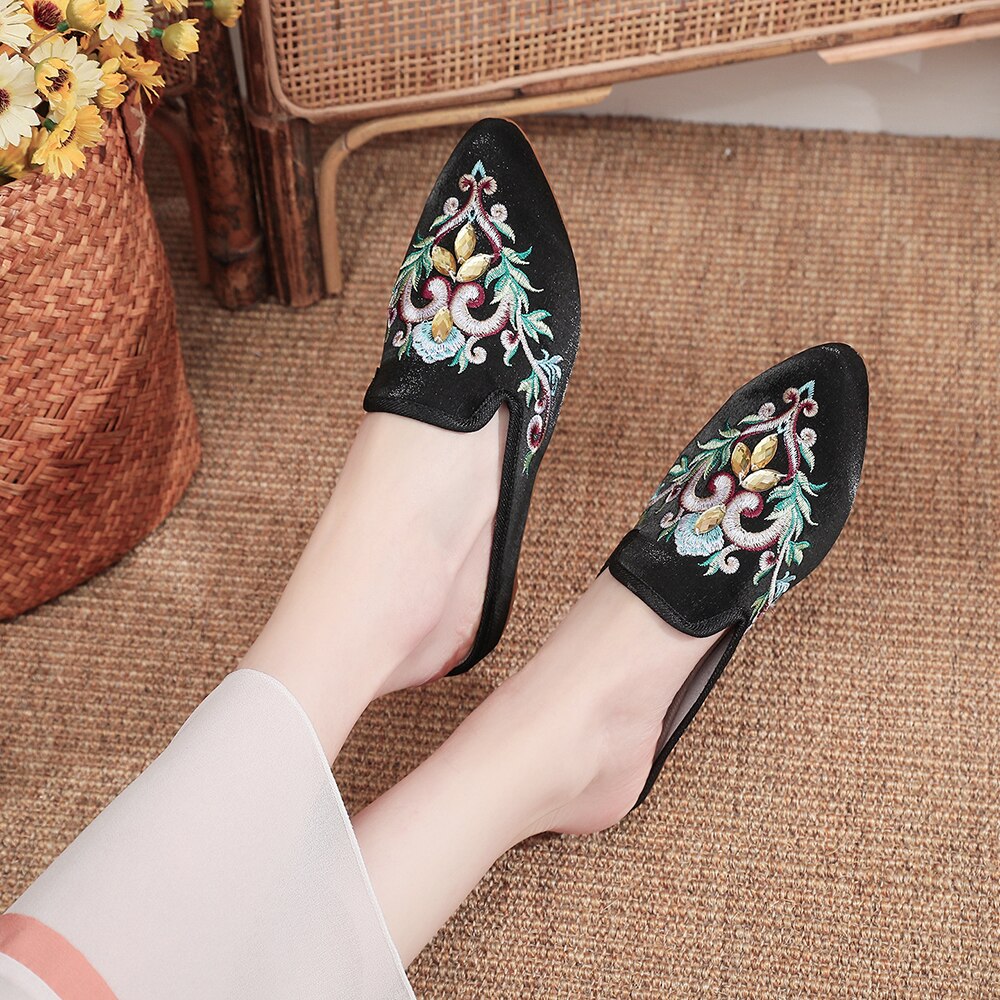 Women Flower Embroidered Velvet Mules Slippers Allmartdeal