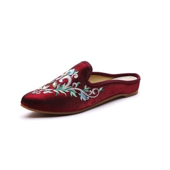 Women Flower Embroidered Velvet Mules Slippers Allmartdeal