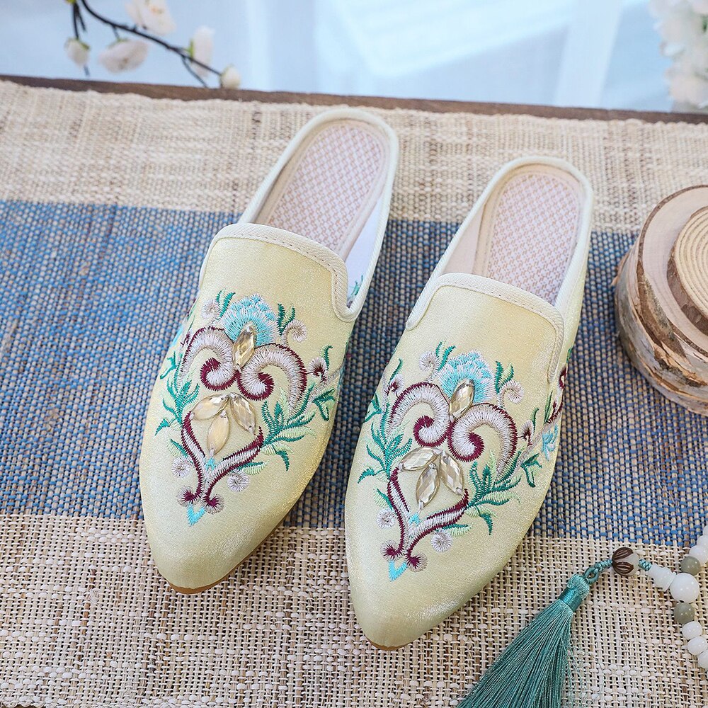 Women Flower Embroidered Velvet Mules Slippers Allmartdeal