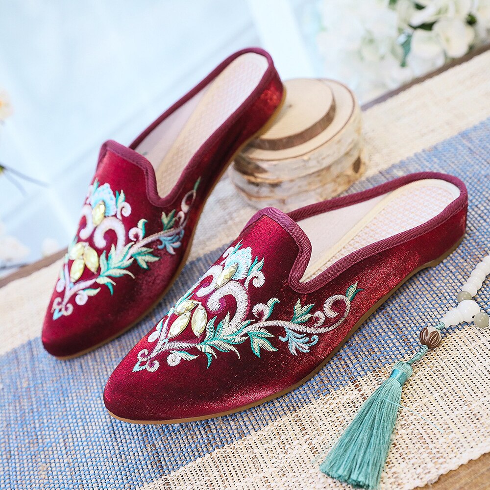 Women Flower Embroidered Velvet Mules Slippers Allmartdeal