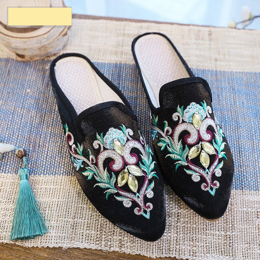 Women Flower Embroidered Velvet Mules Slippers Allmartdeal