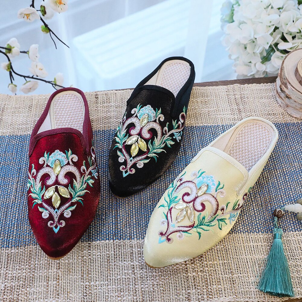 Women Flower Embroidered Velvet Mules Slippers Allmartdeal