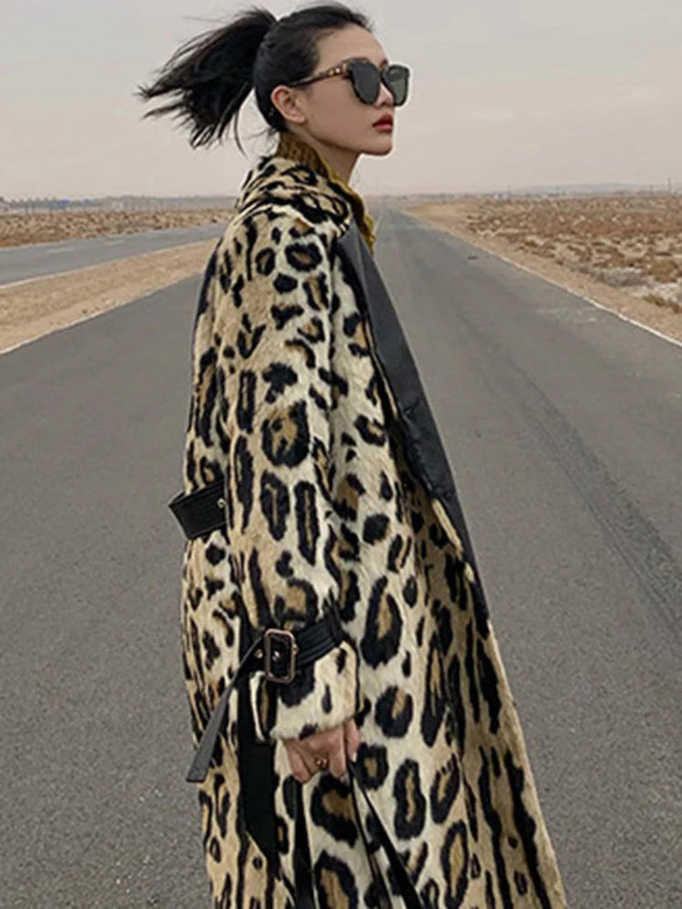 Women Long Leopard Print Fluffy Faux Fur Trench Coat Allmartdeal