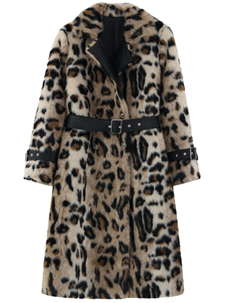 Women Long Leopard Print Fluffy Faux Fur Trench Coat Allmartdeal