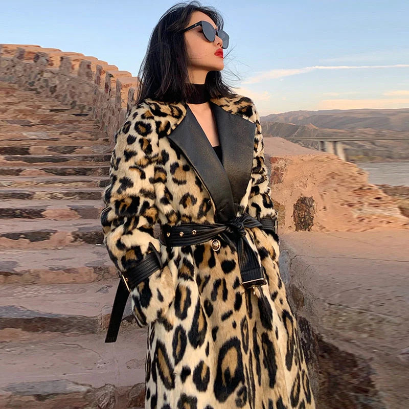 Women Long Leopard Print Fluffy Faux Fur Trench Coat Allmartdeal