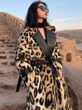 Women Long Leopard Print Fluffy Faux Fur Trench Coat Allmartdeal