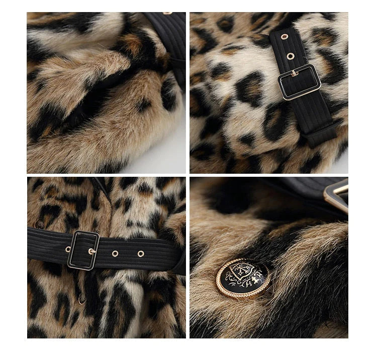 Women Long Leopard Print Fluffy Faux Fur Trench Coat Allmartdeal