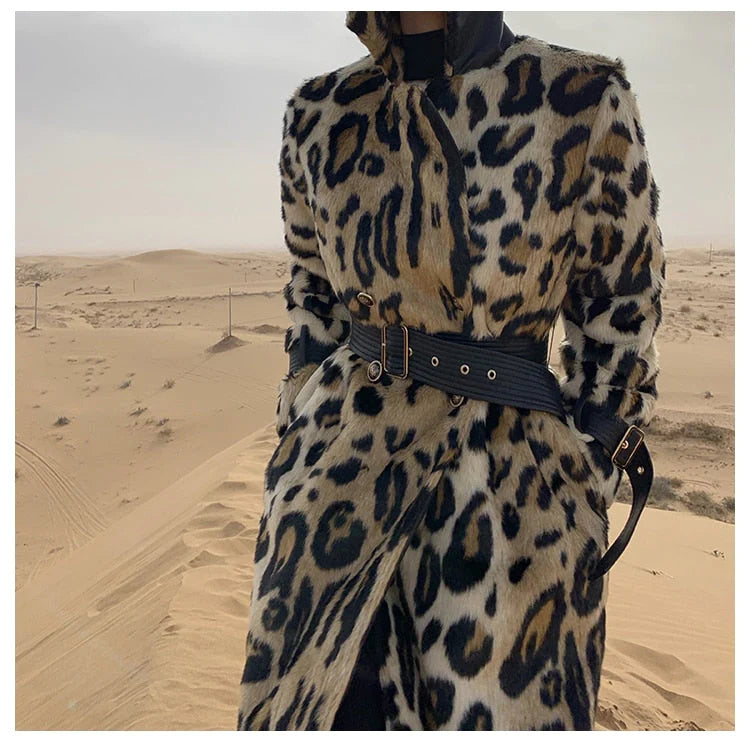 Women Long Leopard Print Fluffy Faux Fur Trench Coat Allmartdeal