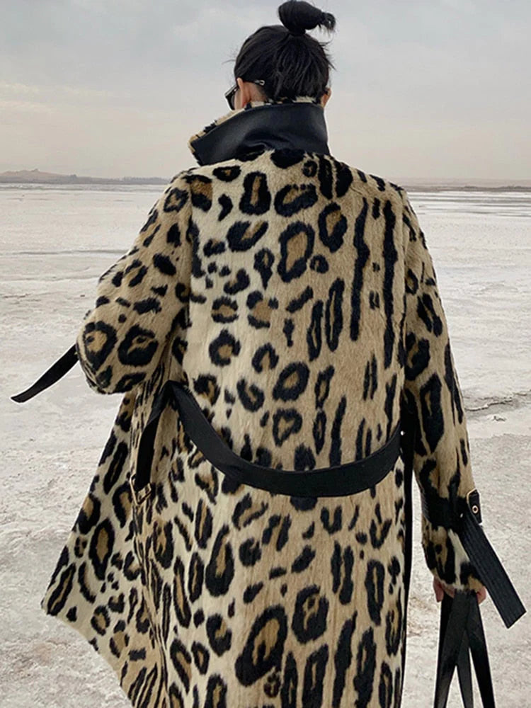 Women Long Leopard Print Fluffy Faux Fur Trench Coat Allmartdeal