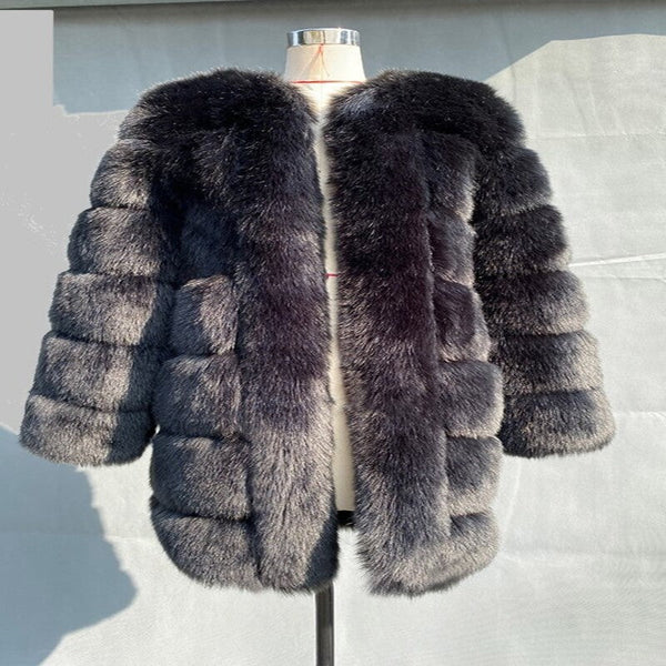 Women Mid Long Fashion Faux Fox Fur Coat Allmartdeal