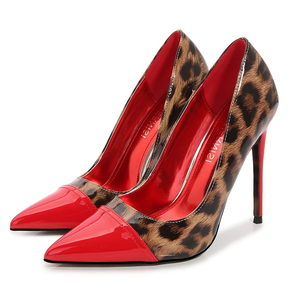 Women Patchwork Elegant Glossy Patent Leopard Pumps Allmartdeal