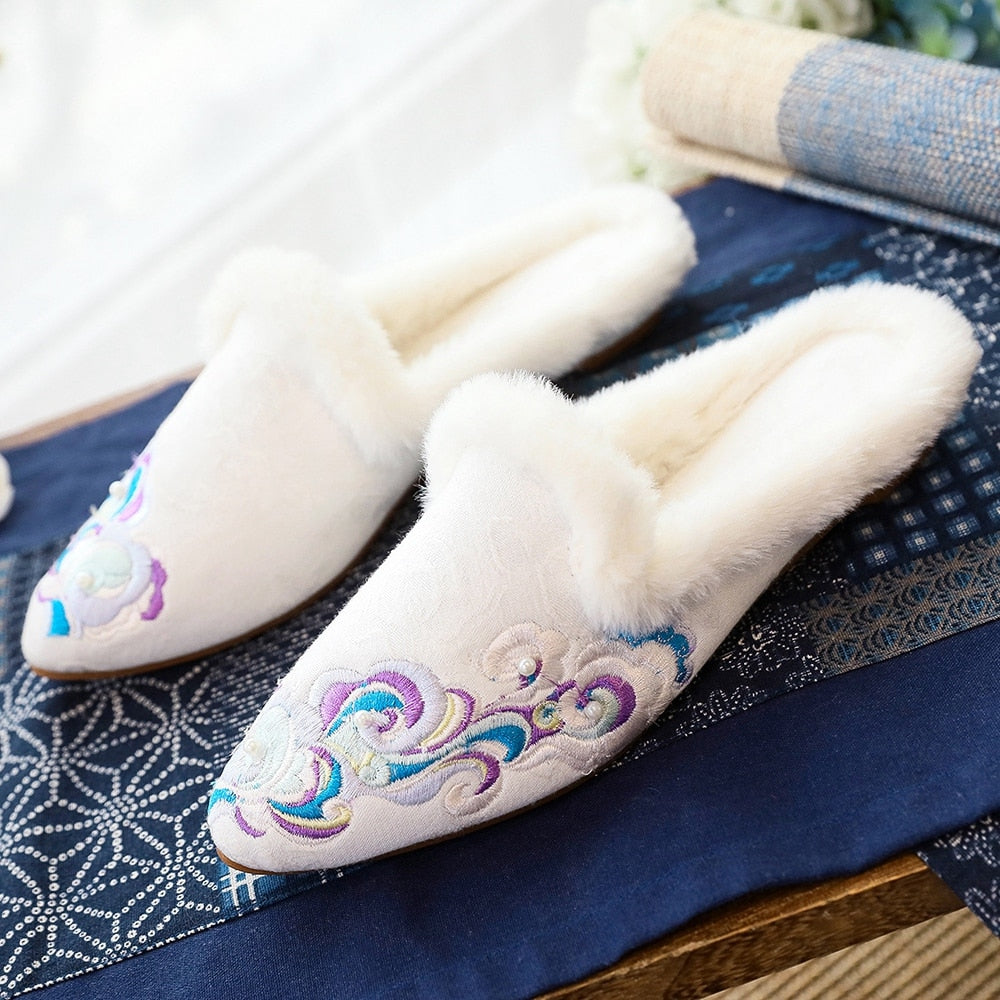 Women Plush Lined Cotton Embroidery Mules Slippers Allmartdeal