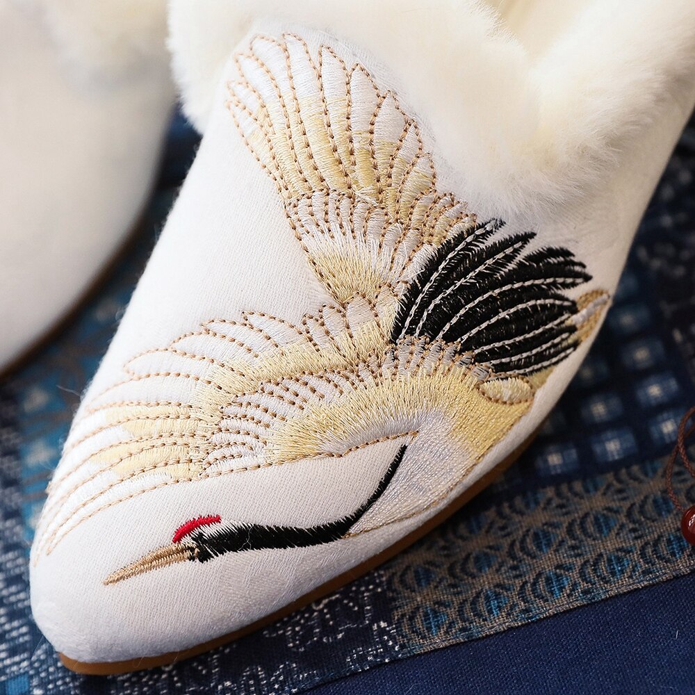 Women Plush Lined Cotton Embroidery Mules Slippers Allmartdeal